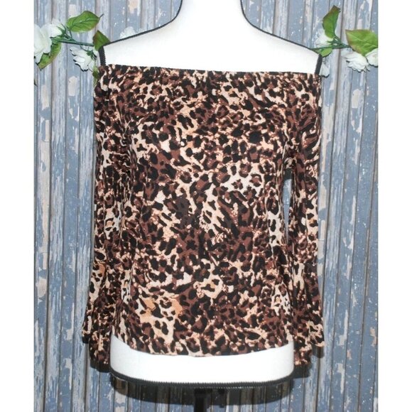 Lascana Ladies Brown Cheetah Print Blouse Top Size S 3/4 Bell Sleeves Animal Pri - Picture 3 of 9